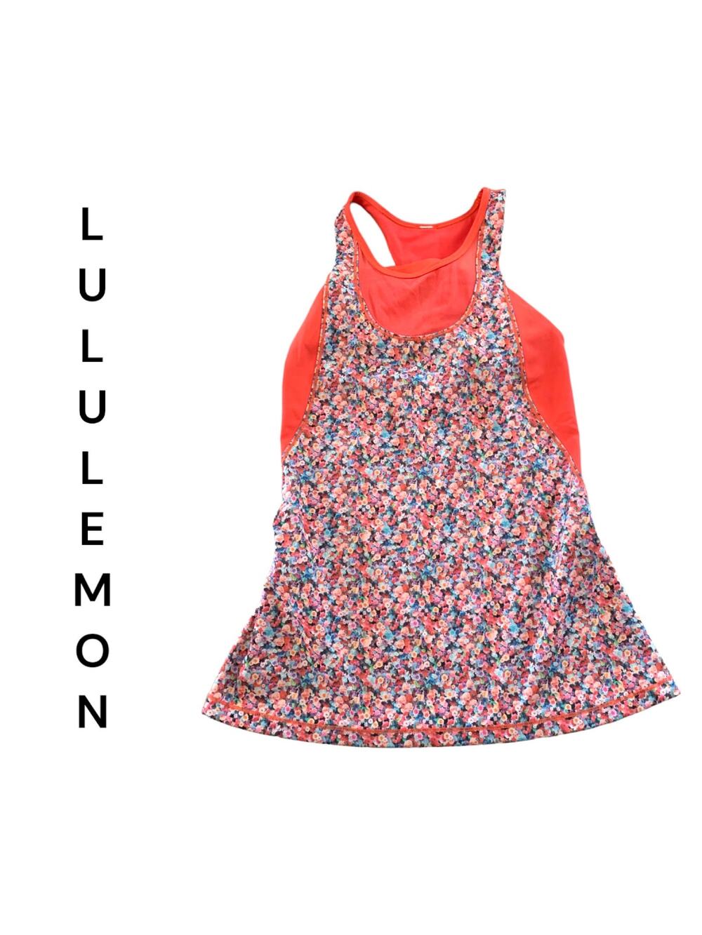 Lululemon mesh with me salmon pink floral racer back print woman’s size 6 dot